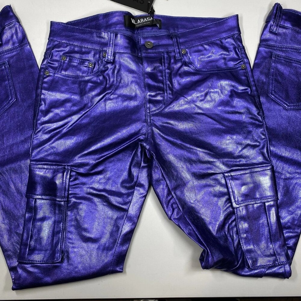 Valabasas Unisex Van Gogh Wax Flare Cargo Stacked Jeans Shiny Navy Size 32